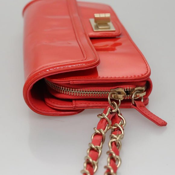 CHANEL Chain Second Bag Patent Leather Red Silver CC Auth 105697