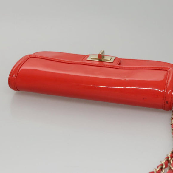 CHANEL Chain Second Bag Patent Leather Red Silver CC Auth 105697