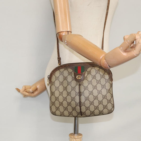 GUCCI Web Sherry Line GG Supreme Shoulder Bag PVC Beige Gold Auth 105717
