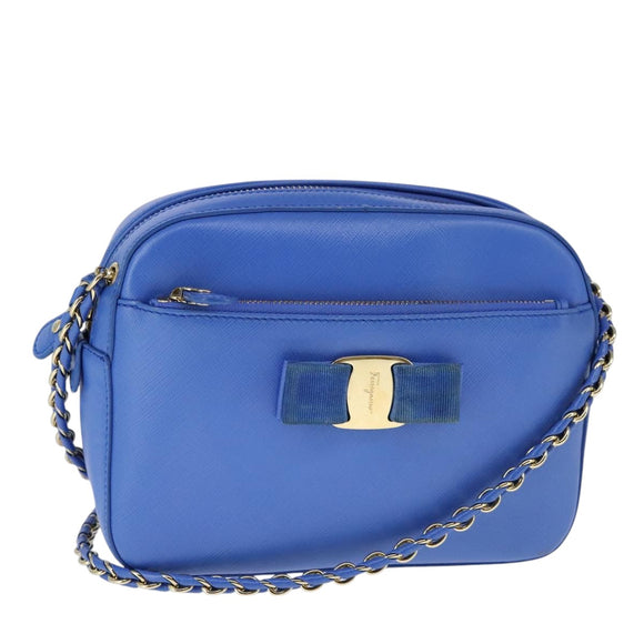 Salvatore Ferragamo Vala Chain Shoulder Bag Leather Blue Gold Auth 106166