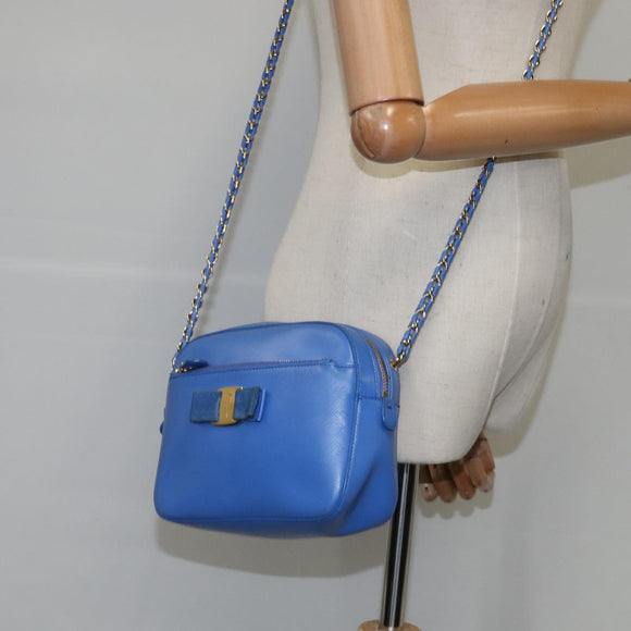 Salvatore Ferragamo Vala Chain Shoulder Bag Leather Blue Gold Auth 106166
