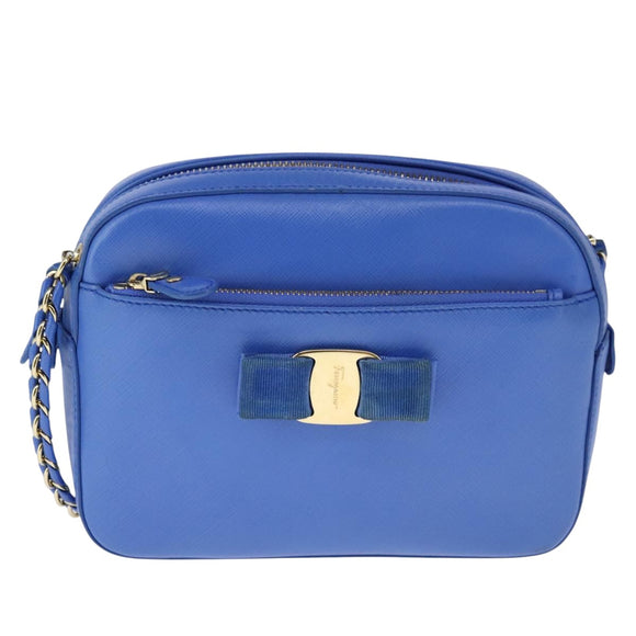 Salvatore Ferragamo Vala Chain Shoulder Bag Leather Blue Gold Auth 106166