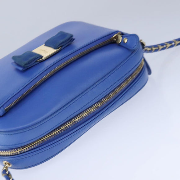Salvatore Ferragamo Vala Chain Shoulder Bag Leather Blue Gold Auth 106166