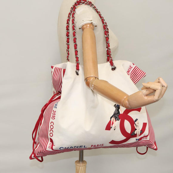 CHANEL Chain Tote Bag Nylon White Red CC Auth 106203