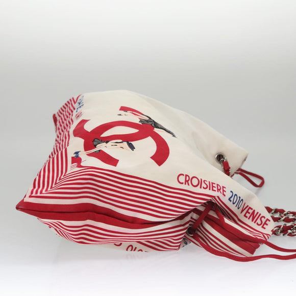 CHANEL Chain Tote Bag Nylon White Red CC Auth 106203