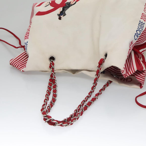 CHANEL Chain Tote Bag Nylon White Red CC Auth 106203
