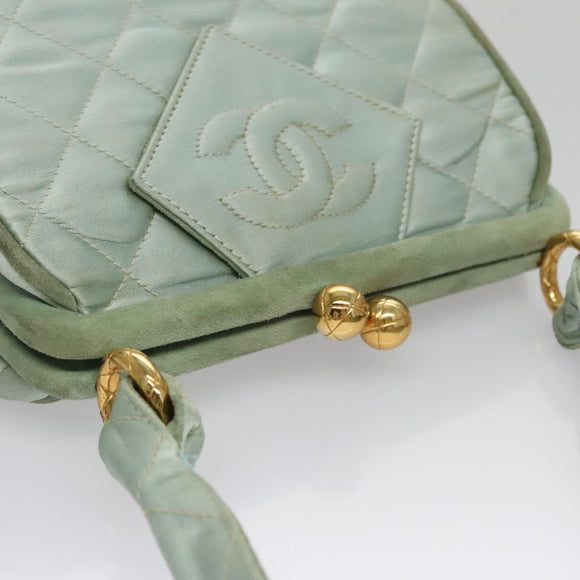 CHANEL Matelasse Hand Bag Satin Green CC Auth 106444