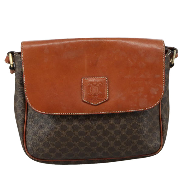 CELINE Macadam Canvas Shoulder Bag PVC Leather Brown Gold Auth 106514