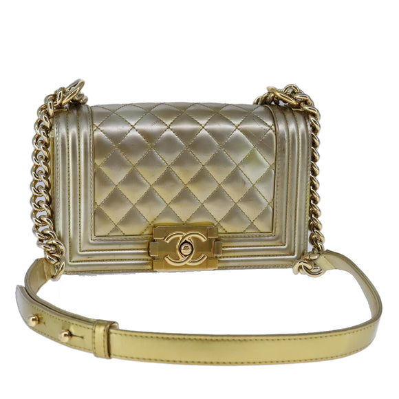 CHANEL Matelasse Chain Boy Chanel Shoulder Bag Patent Gold CC Auth 106721SAM