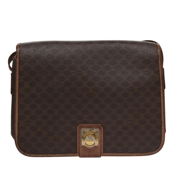 CELINE Macadam Canvas Shoulder Bag PVC Leather Brown Gold Auth 106868