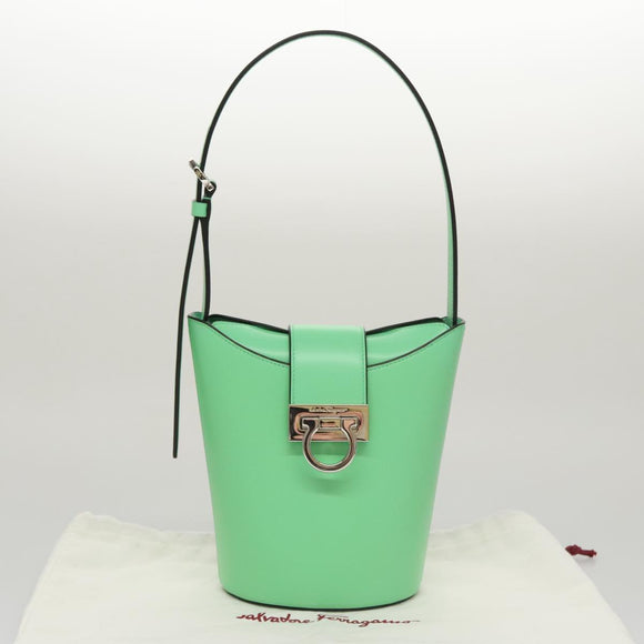 Salvatore Ferragamo Gancini Shoulder Bag Leather Green Silver Auth 107228AV
