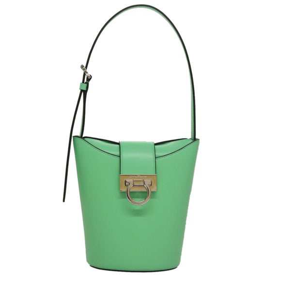 Salvatore Ferragamo Gancini Shoulder Bag Leather Green Silver Auth 107228AV