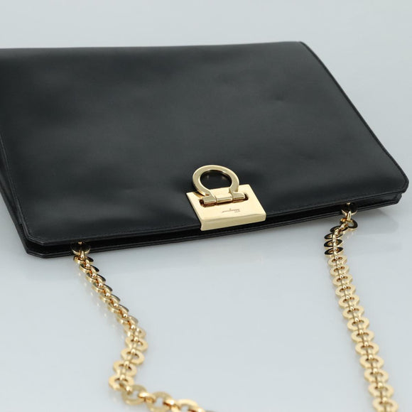 Salvatore Ferragamo Gancini Shoulder Bag Leather Black Gold Auth 107232