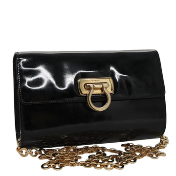 Salvatore Ferragamo Gancini Chain Shoulder Bag Enamel Black Gold Auth 107493