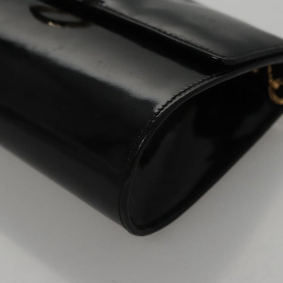 Salvatore Ferragamo Gancini Chain Shoulder Bag Enamel Black Gold Auth 107493