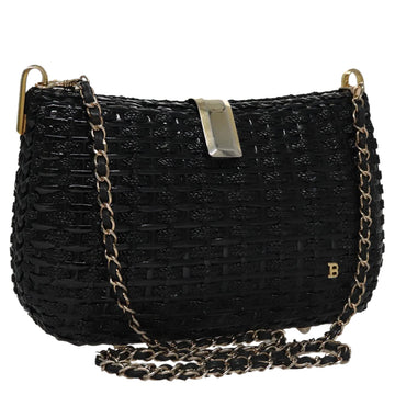 BALLY Chain Shoulder Bag Straw Black Gold Auth 107600