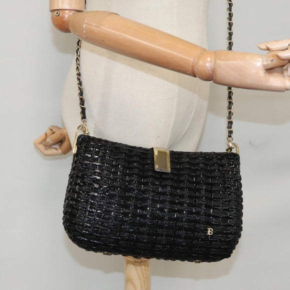 BALLY Chain Shoulder Bag Straw Black Gold Auth 107600