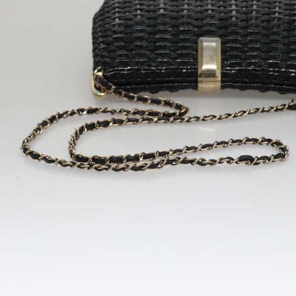 BALLY Chain Shoulder Bag Straw Black Gold Auth 107600