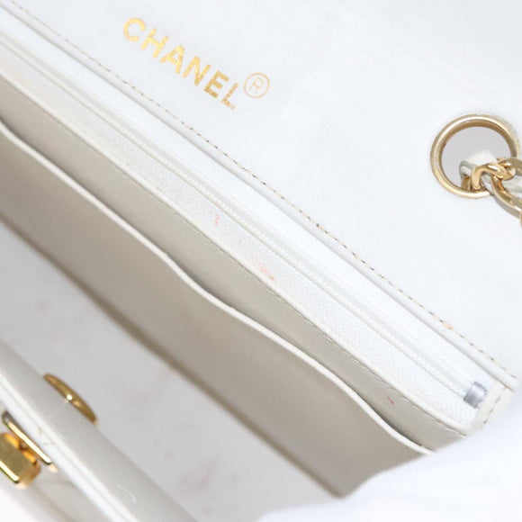 CHANEL Matelasse Chain Shoulder Bag Leather White Gold CC Auth 107700