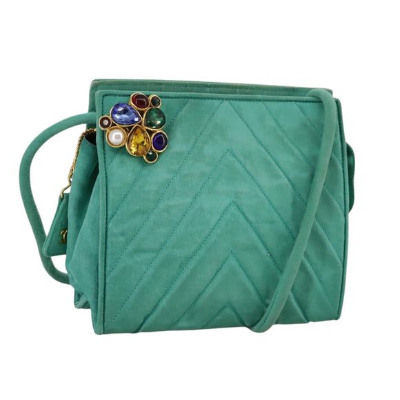 CHANEL V stitch Shoulder Bag Nylon Green Gold CC Auth 107879