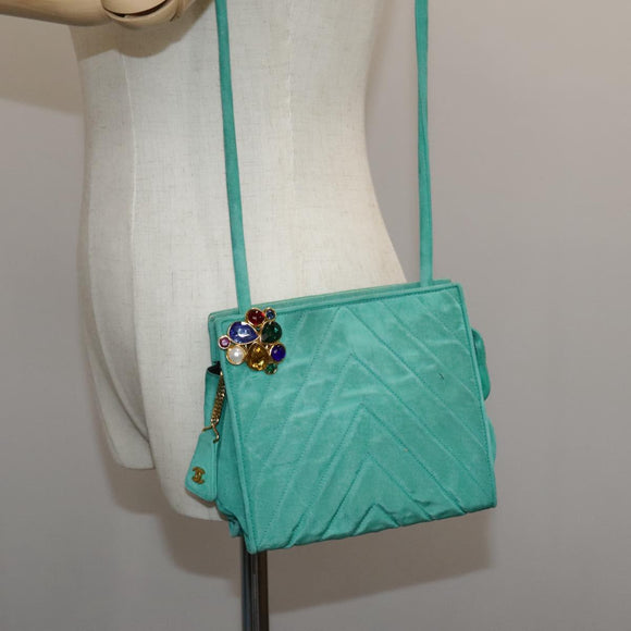 CHANEL V stitch Shoulder Bag Nylon Green Gold CC Auth 107879