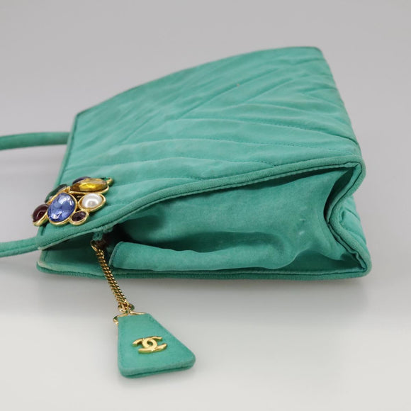 CHANEL V stitch Shoulder Bag Nylon Green Gold CC Auth 107879