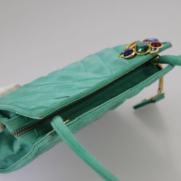 CHANEL V stitch Shoulder Bag Nylon Green Gold CC Auth 107879