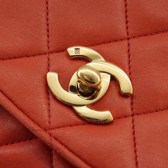 CHANEL Matelasse Chain Shoulder Bag Lamb Skin Orange Gold CC Auth 107881SAV