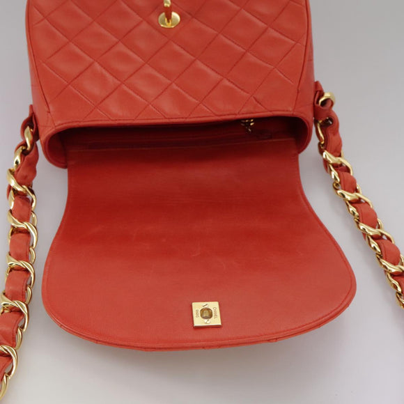 CHANEL Matelasse Chain Shoulder Bag Lamb Skin Orange Gold CC Auth 107881AV
