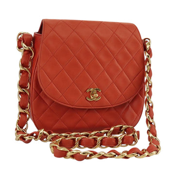 CHANEL Matelasse Chain Shoulder Bag Lamb Skin Orange Gold CC Auth 107881AV