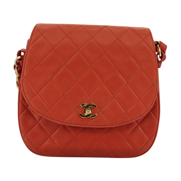 CHANEL Matelasse Chain Shoulder Bag Lamb Skin Orange Gold CC Auth 107881AV
