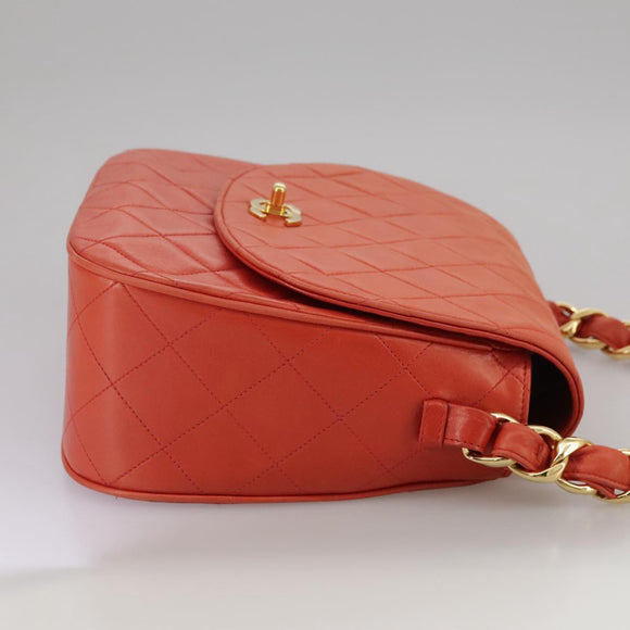 CHANEL Matelasse Chain Shoulder Bag Lamb Skin Orange Gold CC Auth 107881SAV