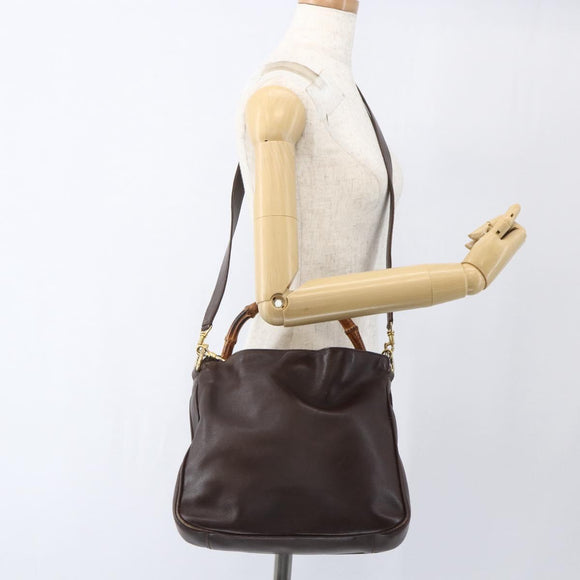 GUCCI Bamboo Hand Bag Leather 2way Brown Gold Auth 107937