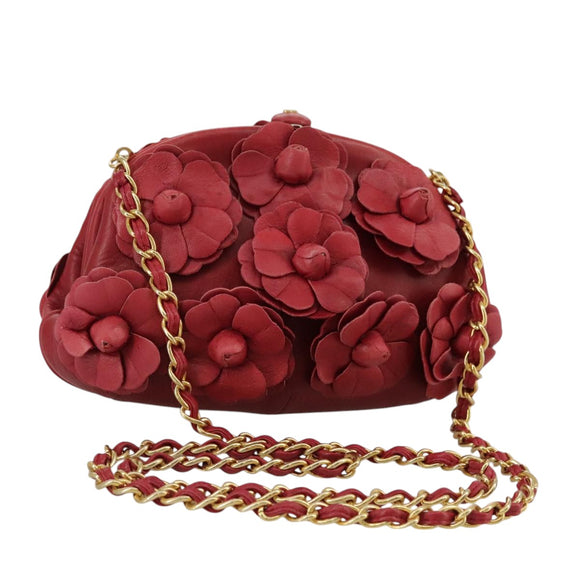 CHANEL Chain Flower Shoulder Bag Leather Red Gold CC Auth 107981