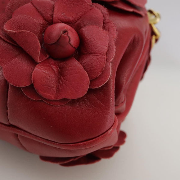 CHANEL Chain Flower Shoulder Bag Leather Red Gold CC Auth 107981