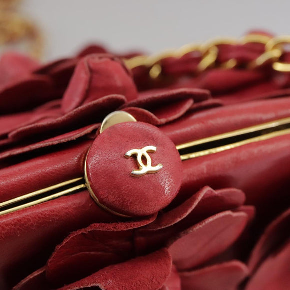 CHANEL Chain Flower Shoulder Bag Leather Red Gold CC Auth 107981