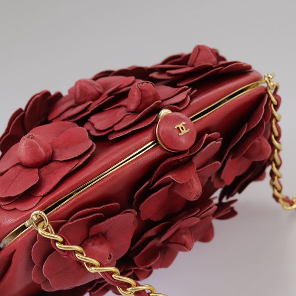 CHANEL Chain Flower Shoulder Bag Leather Red Gold CC Auth 107981