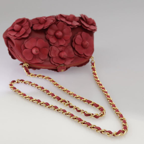 CHANEL Chain Flower Shoulder Bag Leather Red Gold CC Auth 107981