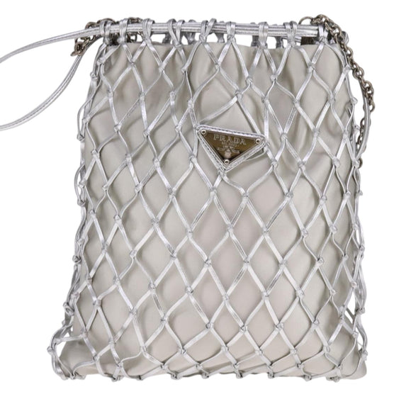 PRADA Chain Shoulder Bag Satin Silver Auth 108034AV