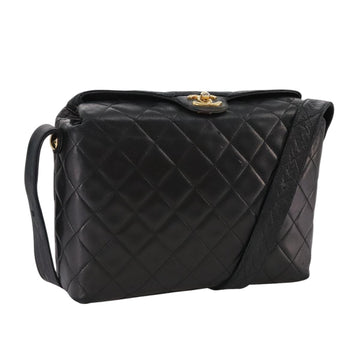 CHANEL Matelasse Shoulder Bag Lamb Skin Black Gold CC Auth 108071