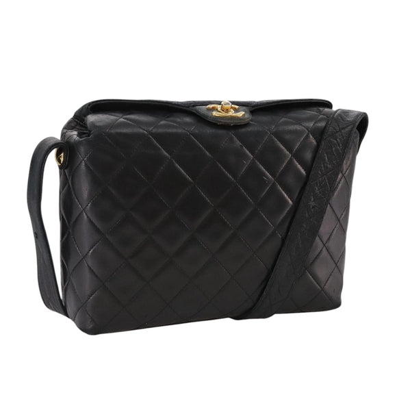 CHANEL Matelasse Shoulder Bag Lamb Skin Black Gold CC Auth 108071