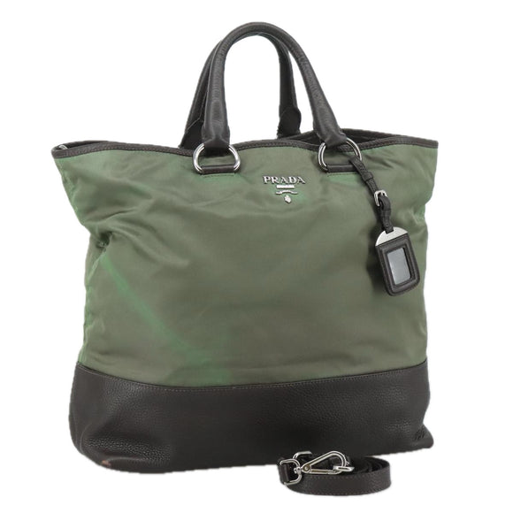 PRADA Tote Bag Nylon Leather 2way Khaki Auth 108115