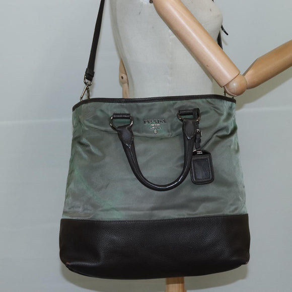 PRADA Tote Bag Nylon Leather 2way Khaki Auth 108115