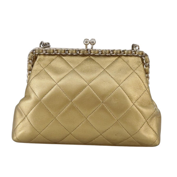 CHANEL Chain Shoulder Bag Lamb Skin Gold CC Auth 108166
