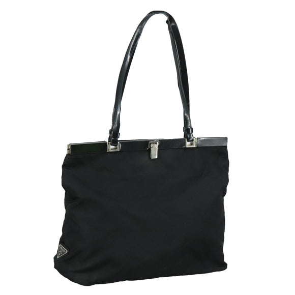PRADA Hand Bag Nylon Leather Black Silver Auth 108371