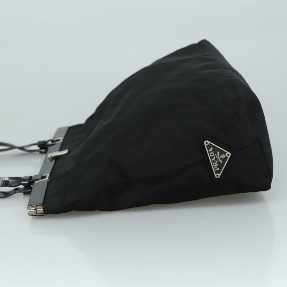 PRADA Hand Bag Nylon Leather Black Silver Auth 108371