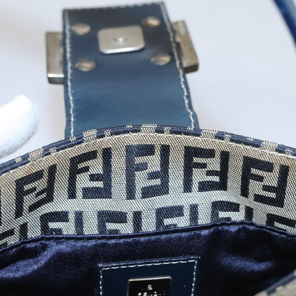FENDI Zucchino Canvas Hand Bag Navy Silver Auth 108378V