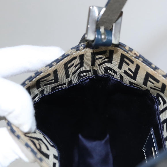 FENDI Zucchino Canvas Hand Bag Navy Silver Auth 108378V