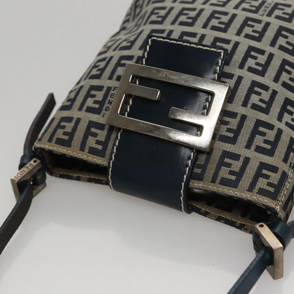 FENDI Zucchino Canvas Hand Bag Navy Silver Auth 108378V