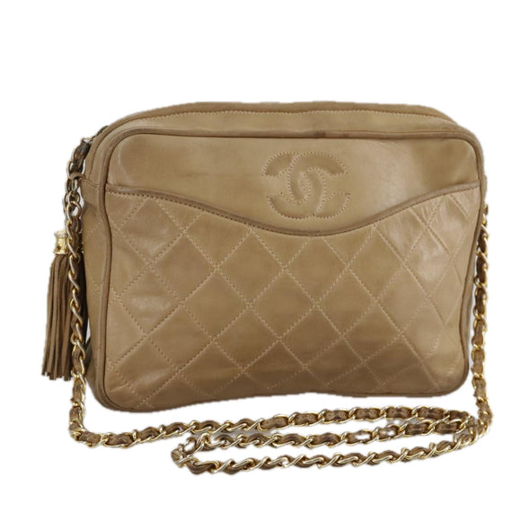 CHANEL Matelasse Chain Shoulder Bag Lamb Skin Beige Gold CC Auth 108395